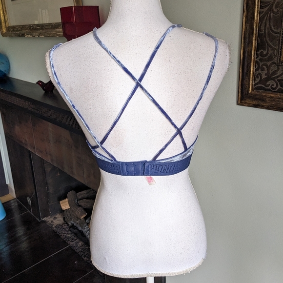PINK Victoria's Secret Wms Small Velvet Unlined Bra Bralette Blue CrissCross 110 - Picture 5 of 10